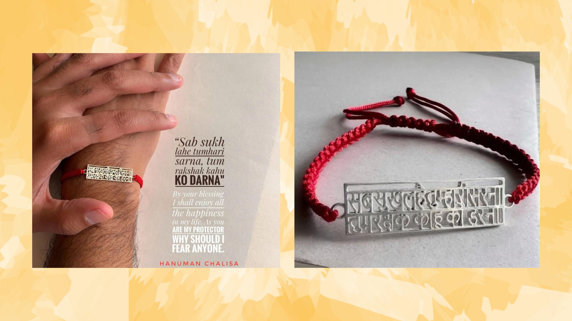 Bracelet with a metal tag and red cord, displayed on a gray background.